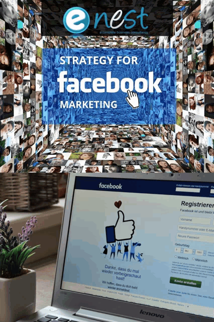 a strategy for facebook marketing poster with a lenovo laptop