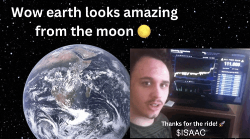 a poster that says wow earth looks amazing from the moon with a man in front of a computer