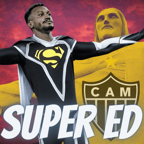 a man in a superman costume stands in front of a cam emblem