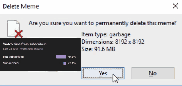 a screenshot of a delete meme window asking if you want to permanently delete the meme