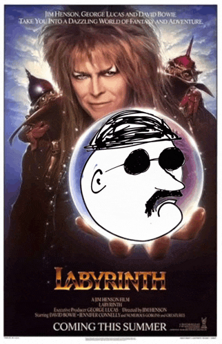 a poster for the movie labyrinth shows a man holding a crystal ball