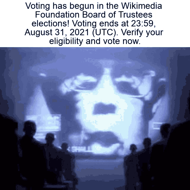 a group of people standing in front of a screen that says voting has begun in the wikipedia foundation board of trustees