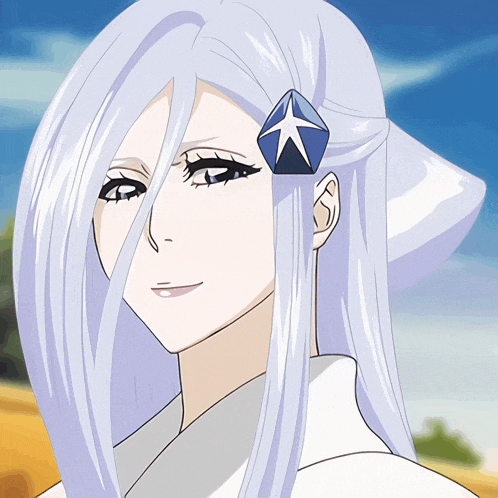 a woman with long white hair has a blue star on her head