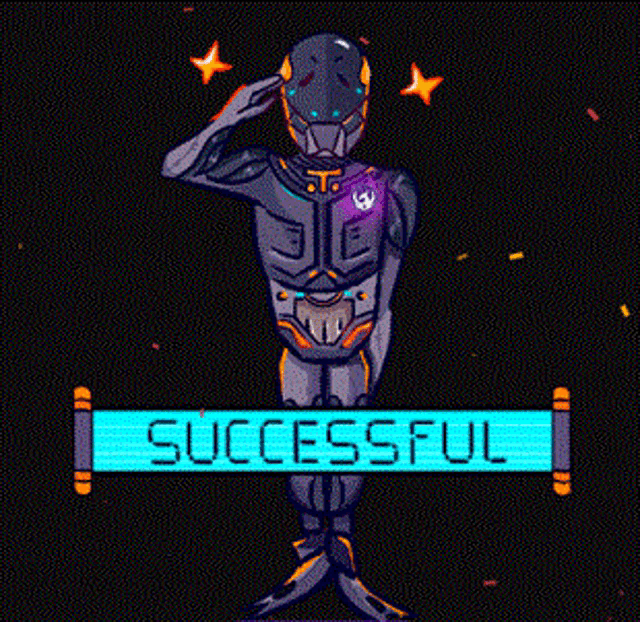 a robot salutes in front of a sign that says " successful "