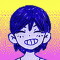 a drawing of a boy with blue hair smiling .