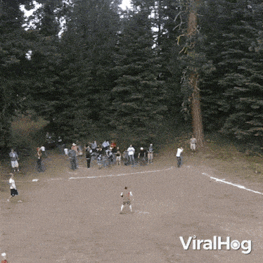 a group of people are playing a game of baseball in a dirt field with the words viralhog written on the bottom