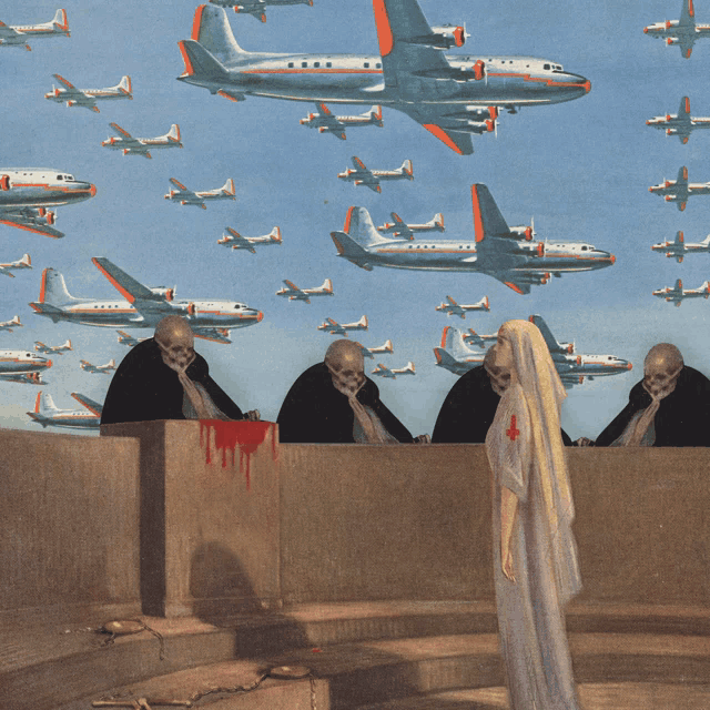 a painting of a nurse standing in front of a crowd of planes with one that says ' united states '