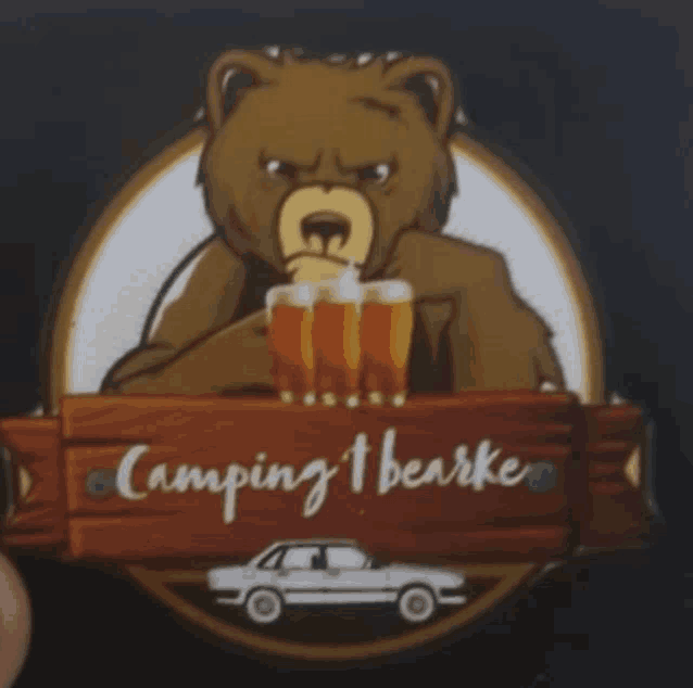 a logo for camping 1 bearke with a bear holding beer