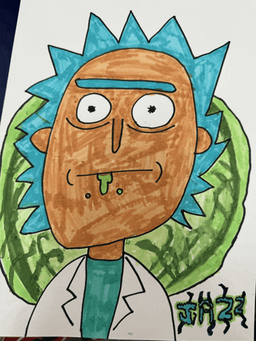 a drawing of rick from rick and morty with chinese writing on the bottom