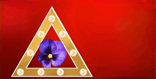 a gold triangle with a purple flower inside of it on a red background