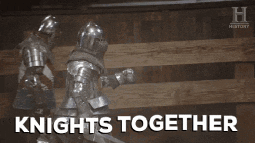 two knights are fighting in front of a wooden wall with the words knights together above them