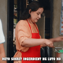 a woman in a red apron is preparing food with the words " heto sikret ingerdient ng luto ko " below her