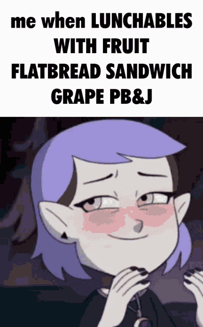 a cartoon girl with purple hair is making a funny face while holding a grape