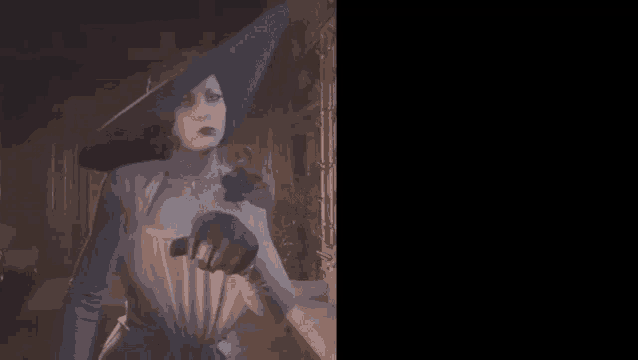 a woman in a hat and gloves is standing in a dark room .