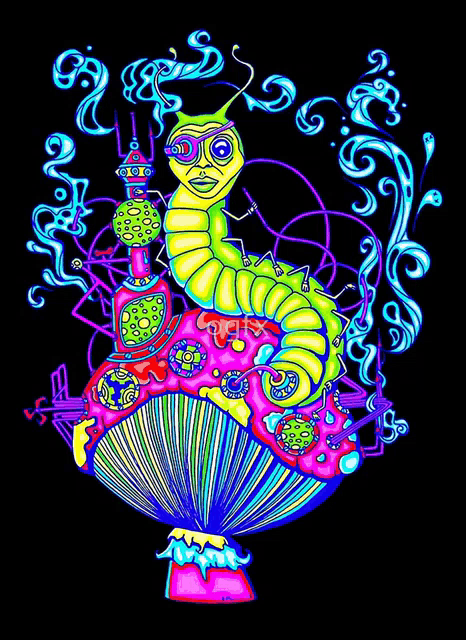 a psychedelic drawing of a caterpillar sitting on a mushroom