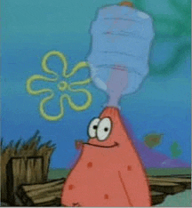 patrick star from spongebob squarepants is holding a water bottle on top of his head .