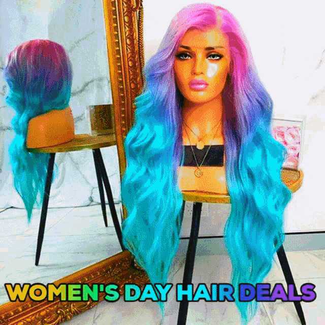 a mannequin with blue and pink hair is sitting on a table with the words women 's day hair deals below it