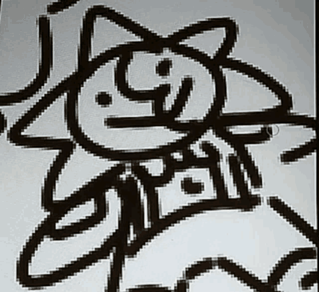 a black and white drawing of a cat with a hat