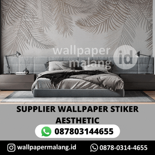 an ad for wallpaper malang shows a bedroom with a large bed