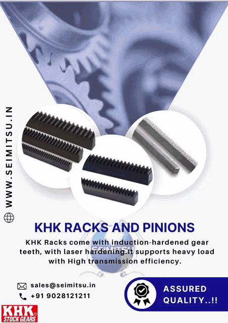 an advertisement for khk racks and pinions with a picture of a gear