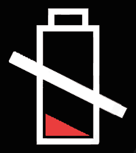 a black and white icon of a battery with a red triangle on the bottom