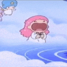 a cartoon of a girl with pink hair screaming in the sky .