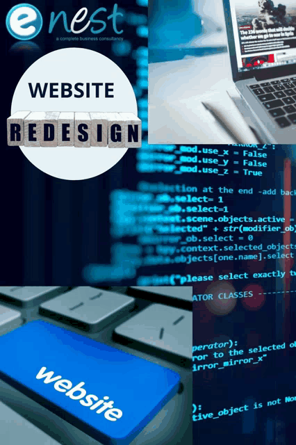 a collage of images including a website redesign button