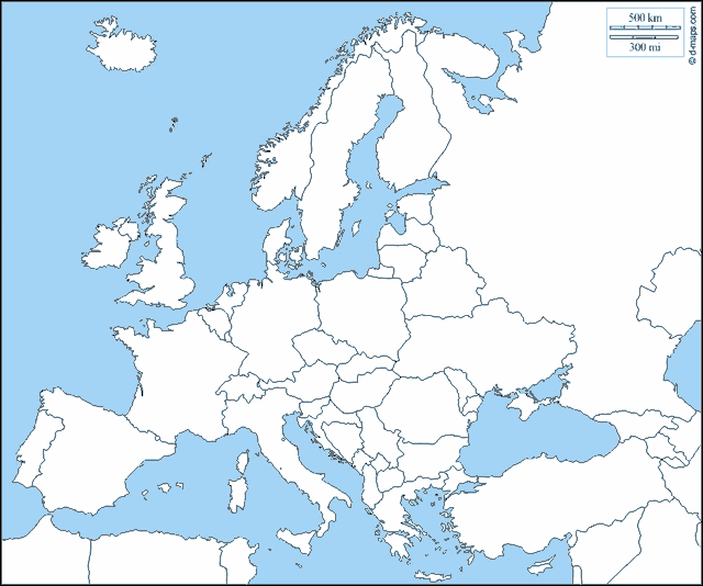 a map of europe with a 500 km measurement