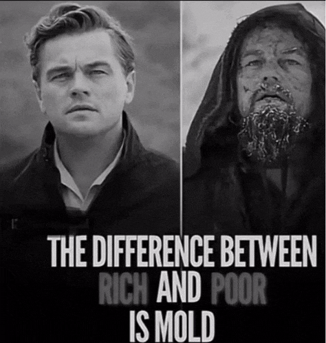 a black and white photo of two men with the words " the difference between rich and poor is mold " below them