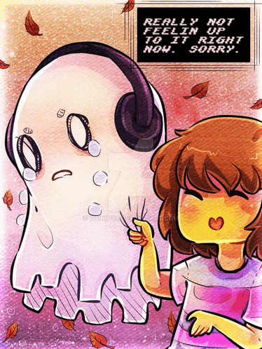 a cartoon of a girl standing next to a ghost with headphones on