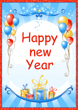 a happy new year greeting card with balloons and gifts