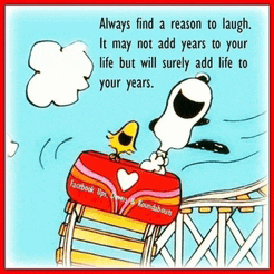 a cartoon of snoopy and woodstock on a roller coaster with a quote that says always find a reason to laugh