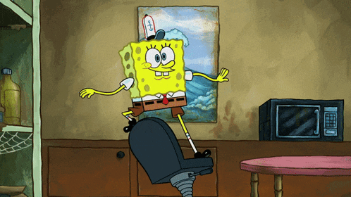 a cartoon of spongebob squarepants standing on a chair