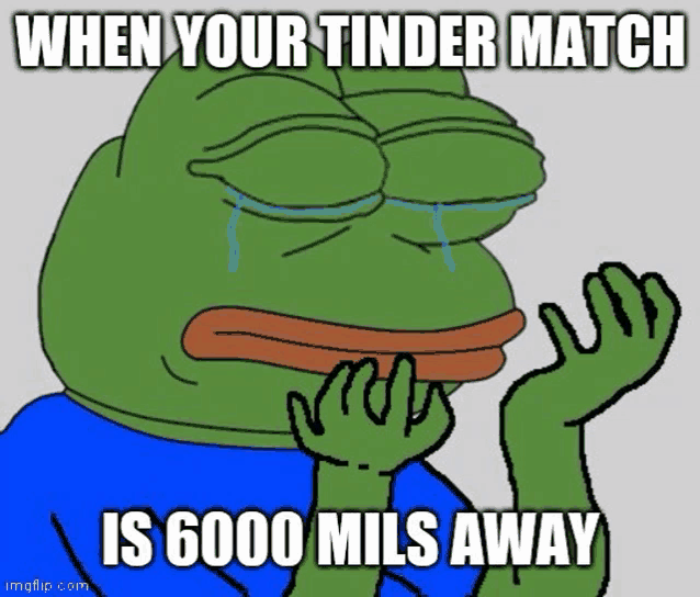 a frog is crying with a caption that says when your tinder match is 6000 mils away