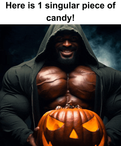 a very muscular man is holding a pumpkin with a face carved into it