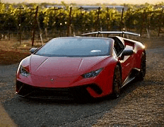 a red lamborghini huracan is parked on the side of a road in a vineyard .