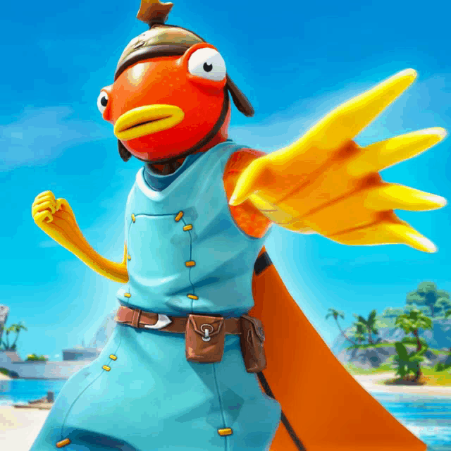 a cartoon character with a fish head and yellow arms is standing on a beach