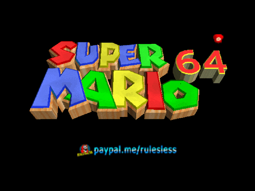 a super mario 64 logo with paypal.me/rulesless in the lower right corner