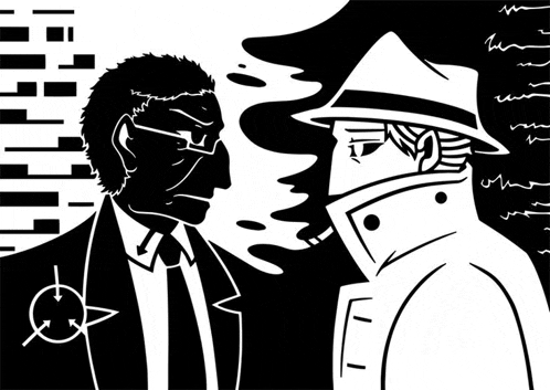 a man in a suit and tie is smoking a cigarette next to another man in a trench coat .