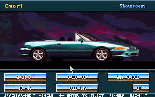 a showroom screen with a blue convertible car