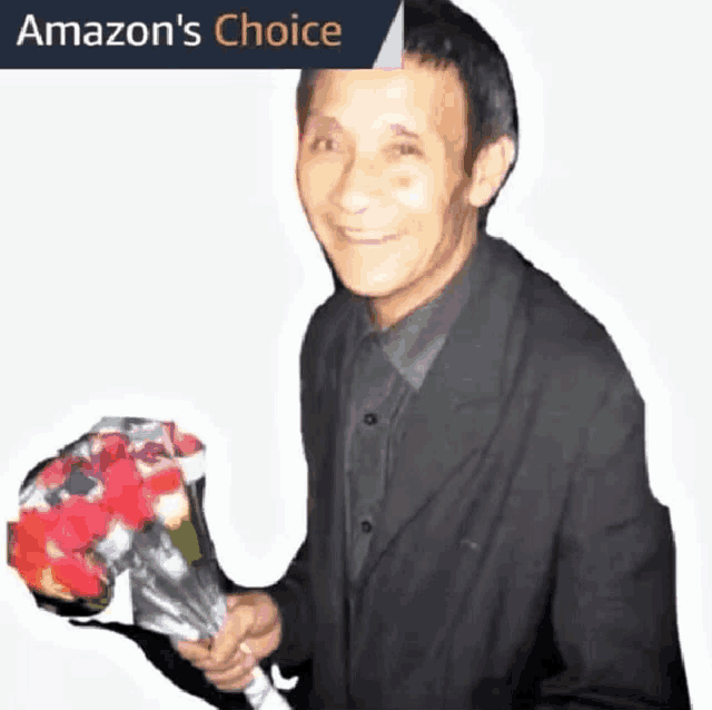 a man in a suit is holding a bouquet of flowers in front of an amazon 's choice sign