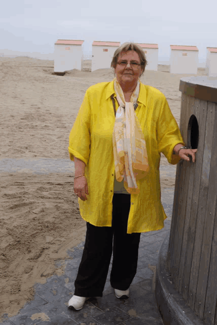 a woman in a yellow shirt and scarf stands in front of a sandy beach