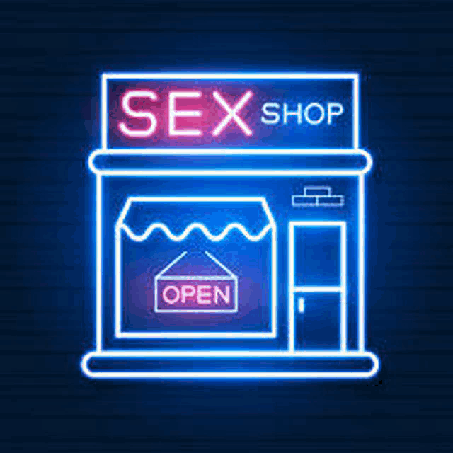 a neon sign of a sex shop with an open sign on the window .