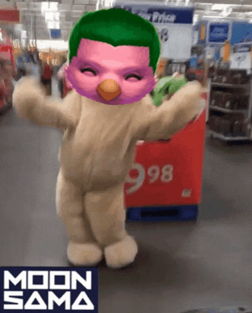 a mascot in a store with a sign that says ' moon sama ' on it