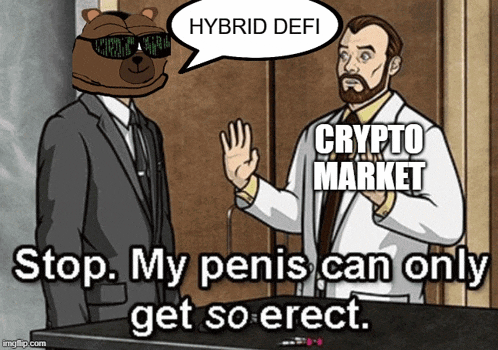 a cartoon of two men talking about a hybrid defi