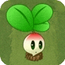 a cartoon drawing of a radish with green leaves on it .