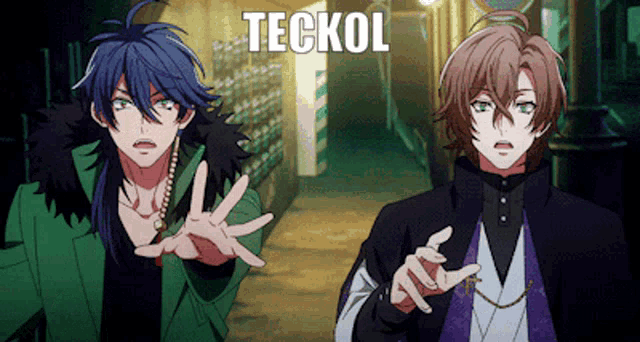 two anime characters are standing next to each other with the word teckol written above them