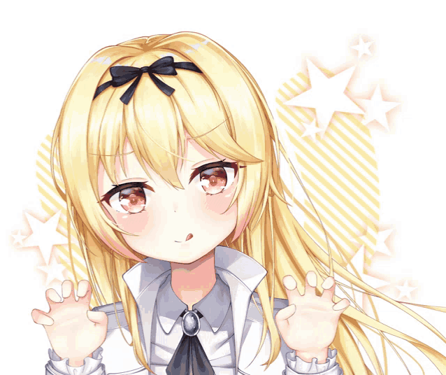 a blonde anime girl with a black bow on her head