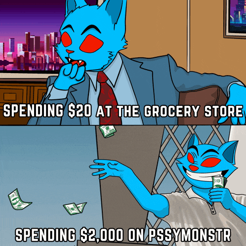 a cartoon of a blue cat spending $ 20 at the grocery store and spending $ 2,000 on pssymonster