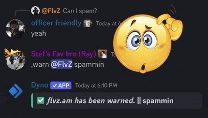 a screenshot of a discord conversation with a yellow smiley face and the words " flvz.am has been warned " below